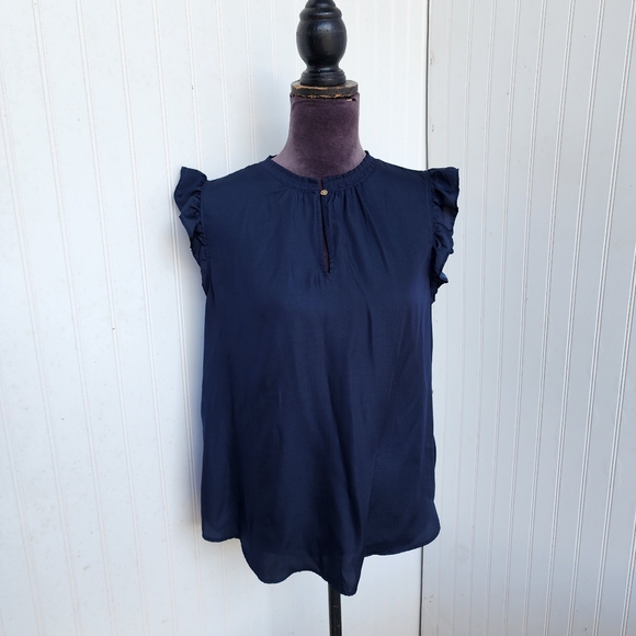 Ann Taylor Tops - Ann Taylor Ruffle Mock Neck Satin Blouse Top Navy Blue Sleeveless Pullover Sz LP